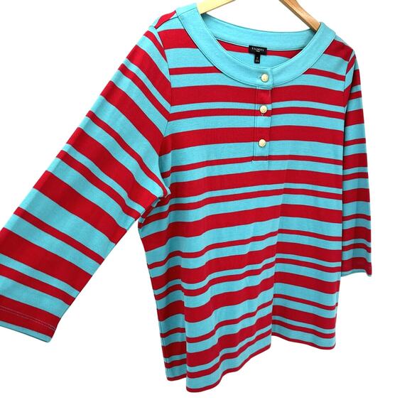 Talbots Shirt Womens 1X Blue Red Striped Coastal Pullover Gold Button 3/4 Sleeve - Picture 3 of 6